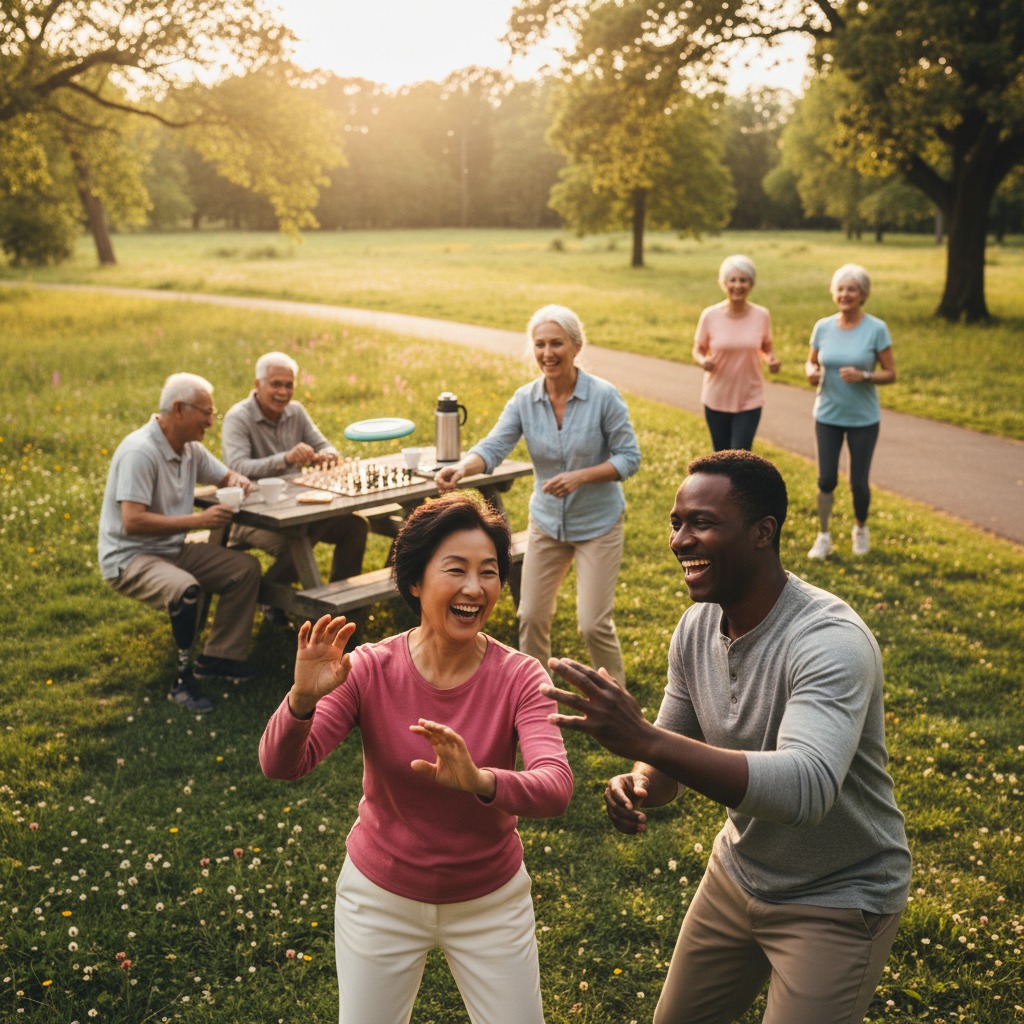 A diverse group of seniors enjoys various outdoor activities in a park, with two people playing catch in the foreground while others socialize at a picnic table and walk on a nearby path.